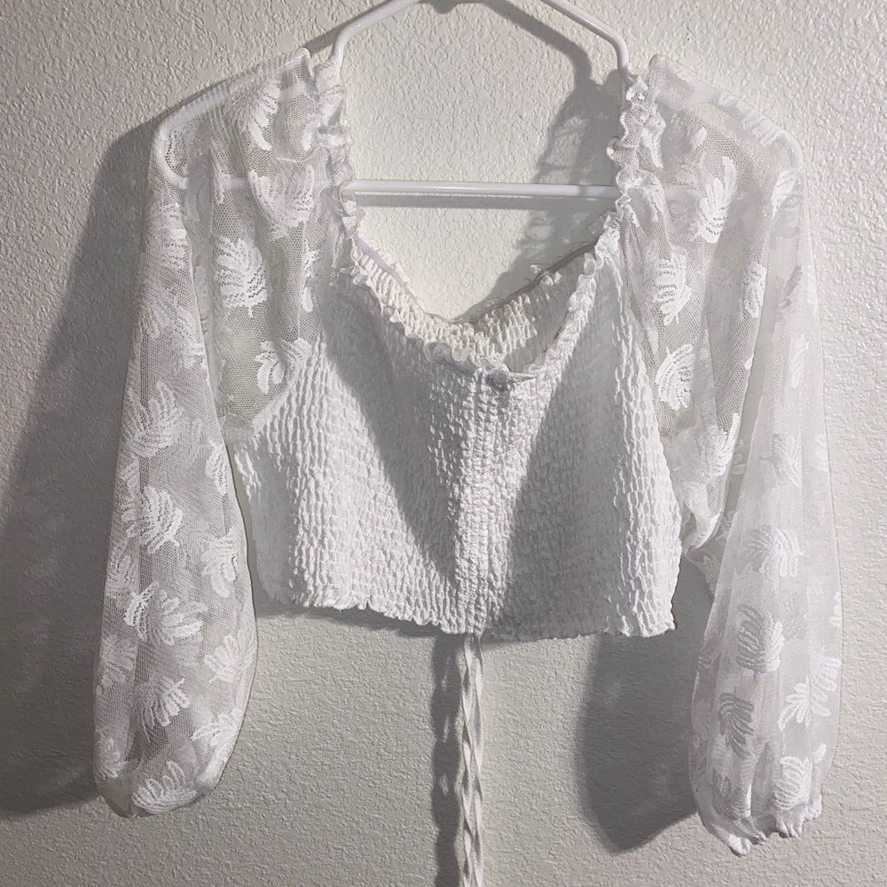 SHEIN White Smocked Crop Blouse with Tie Front